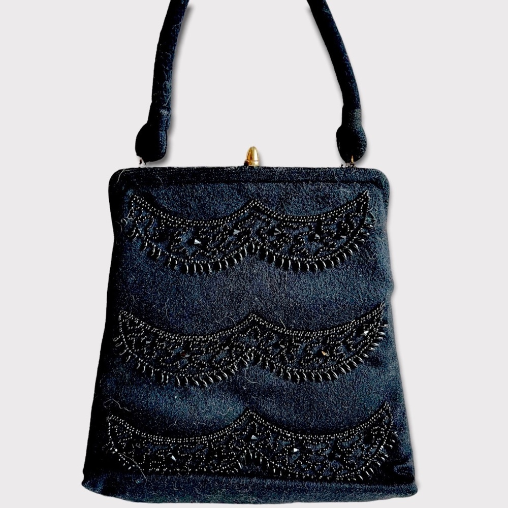 Vintage Black Felt and Beaded Large Hinged Bag
